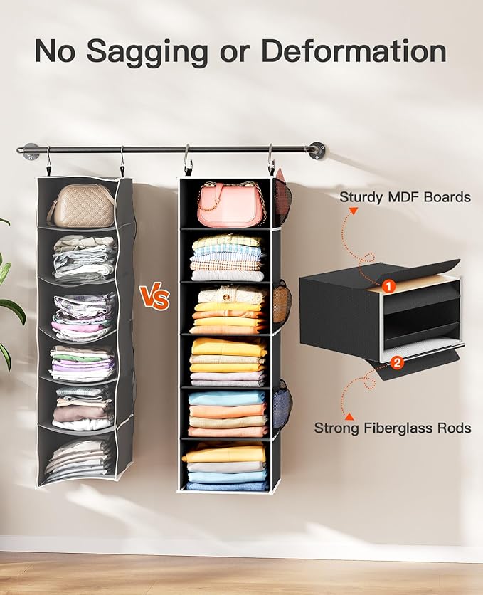 Pipishell Hanging Closet Organizer 6-Shelf, Hanging Shelves for Closet with 3 Removable Drawers & Side Pockets for Bedroom, Garment Rack and Wardrobe Organization, 12' x 12' x 43.3', Black