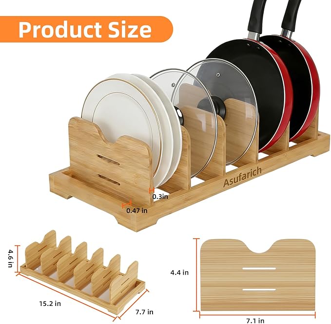 Pots and Pans Organizer Under Cabinet, Cutting Board/Baking Sheets Storage Rack, Adjustable Bamboo Pot Lid Holder, Pot Lid Organizer Inside Cabinet, Pot and Pan Organizers(Natural)
