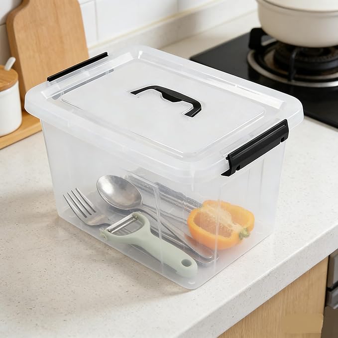 Yesdate Plastic Storage Bins with Lids, 6 Pack Storage Organizer, 10 L Stackable Storage Bins with Buckle-Up Latches and Handle, Storage Totes for Home Office Pantry Organization, Clear