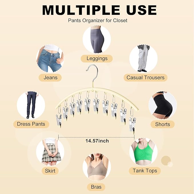 Legging Organizer for Closet, Metal Yoga Pants Hangers 4 Pack w/10 Clips Holds 40 Leggings, Space Saving Hanging Closet Organizer w/Rubber Coated Closet Organizers and Storage, Ivory