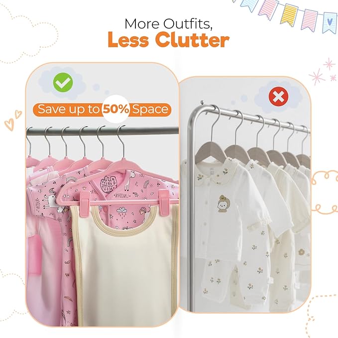 Velvet Baby Hangers with Clips (30 Pack) | 11” Ultra-Slim Baby Clothes Hangers | Non-Slip Felt | Space-Saving Nursery & Infant Closet Organizer | Pink