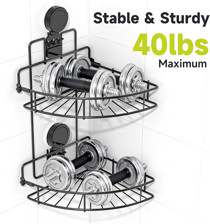 BANGMANG Shower Caddy Suction Cup, 2 Pack Suction Shower Shelf, NO-Drilling Bathroom Holder, Rustproof Bathroom Organizer for 90° Wall Corner, Black