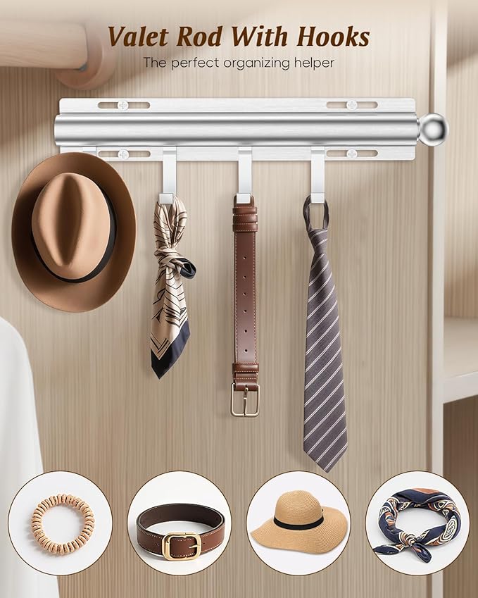 Valet Rod for Closets, 12" Valet Rod With 4 Large Hooks, Closet Organizer Slide Out Clothing Hanger Rods Extender Perfect for Suits,Dresses,Belt,Tie, Polished Chrome
