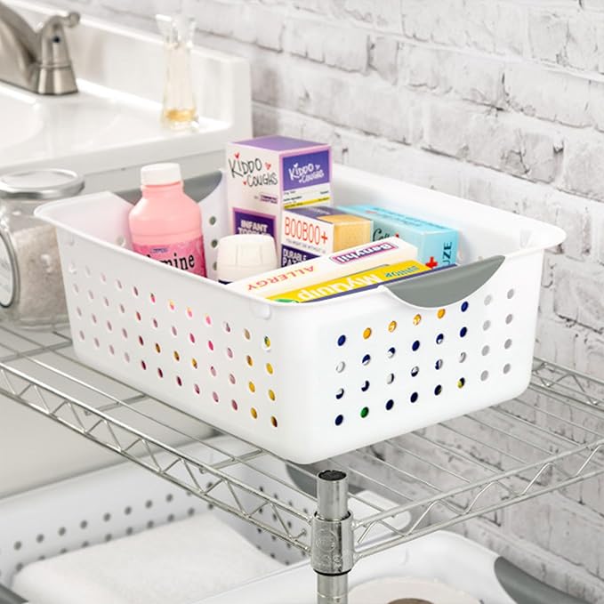 Sterilite 18-Pack Medium Ultra Basket, Open Top Plastic Storage Organizer, White - Classic Baskets for Organizing Countertops, Pantry Shelves, Kitchen Cabinets, Laundry Rooms or Home Offices