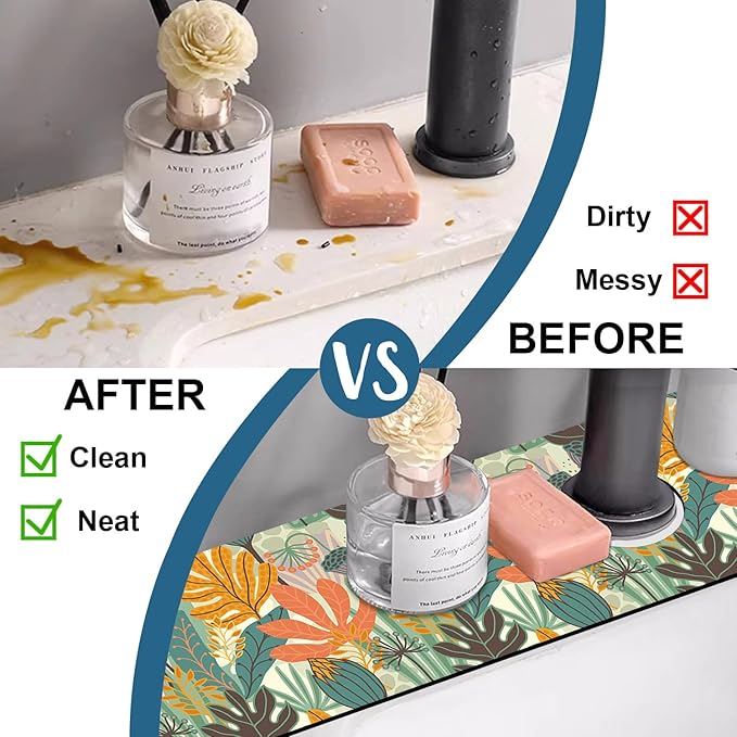 Abstract Leaves Sink Splash Guard Faucet Mat Boho Leaves Super Absorbent Fast Drying Mat Sink Gadgets-Splash Guard Behind Faucet Drip Catcher for Kitchen Bathroom, 23.5"x5.5"