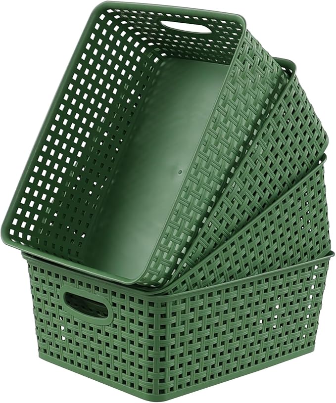 Taysisiter Plastic Weave Storage Basket, Plastic Storage Shelf Basket, 4 Packs