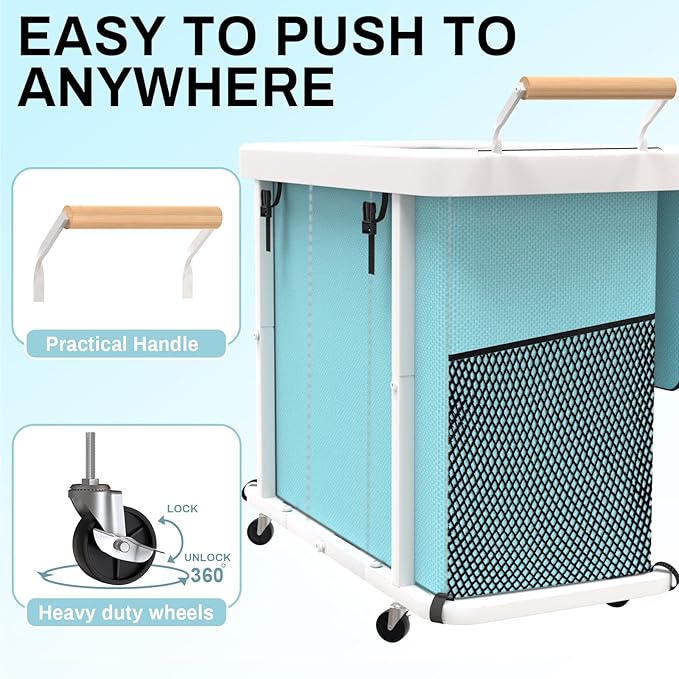 230L (60 Gal) Extra Large Fashion Laundry Sorter 3 Section with Lid, Rolling Laundry Basket Hamper with Handle, Laundry Organizer Storage Cart with Sturdy Metal Frame for Laundry Room,Hotel,Blue