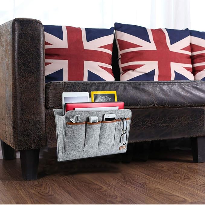 Zafit Bedside Caddy, Large Size Storage Organizer with 7 Pockets for Magazine, Remotes, Phone (17.3'' x 18.1'', Light Grey)