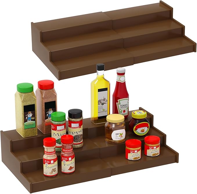 Spice Rack Organizer for Cabinet 2 Pack, 3 Tier Expandable Bamboo Spice Storage for Kitchen Cupboard Pantry, Brown