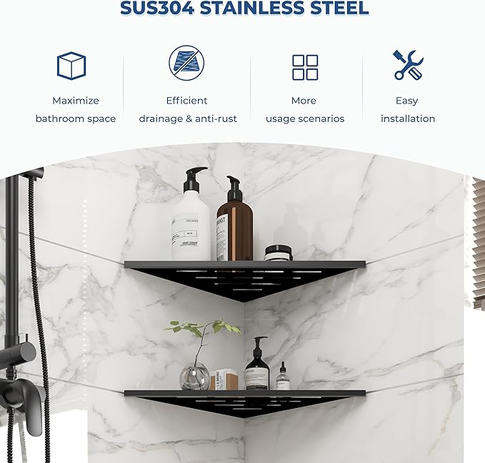 FerdY 2-Pack 10" Matte Black Recessed Corner Shower Shelf, for Tiled Bathroom Walls, 304 Stainless Steel Floating Shower Shelf, Shower Caddy Storage Shelves, No Drilling Required, Striped Triangle