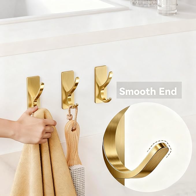 pickpiff Self Adhesive Coat Hooks for Hanging: Heavy Duty Stainless Wall Hook for Towel, Utensil, Backpack, Hat, Sturdy Metal Hanger for Bathroom, Kitchen, Door, 6-Pack, Brushed Gold