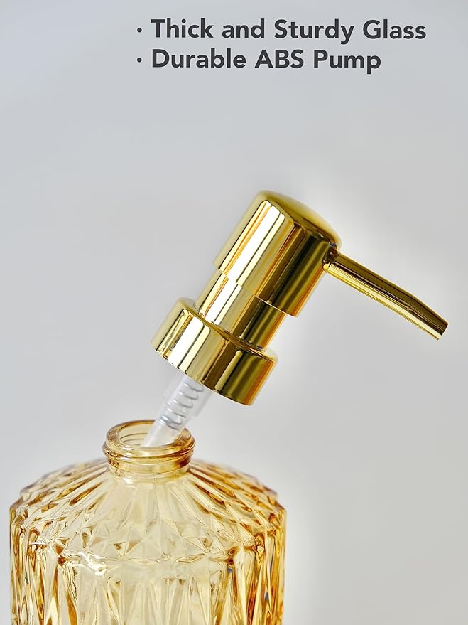 Clear Glass Soap Dispenser with Gold Rust Proof Pump, Refillable Thick Glass Kitchen Soap Dispenser, Lotion Dispenser Bathroom for Hands Soap, Dish Soap, Body Wash (Yellow Gold