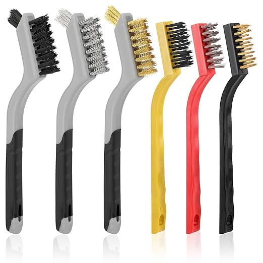 6 Pieces Wire Brushes Set, Small Metal Brass Brush, Stainless Steel Brush, Nylon Brushes for Cleaning Metal Rust and Paint Removal (Grey+3 Mixed Color, L)