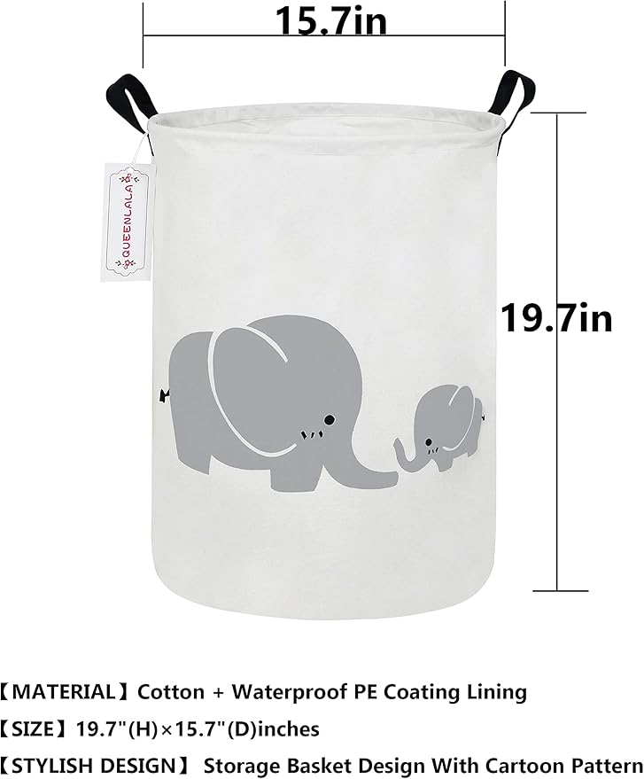QUEENLALA Large Storage Basket,Laundry Hamper/Bathroom/Home Decor/Collapsible Round Storage Bin,Boys and Girls Hamper/Boxes/Clothing(Parent-child elephant)