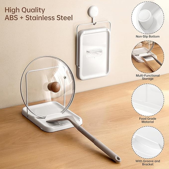 Pot Lid Holder, Lid and Spoon Rest Holder for Kitchen Counter, Foldable Pan Lid Organizer Stand with Nonslip Pads, Multifunctional Utensils Pan Pot Cover Lid Rack Shelf For Stove Top, White