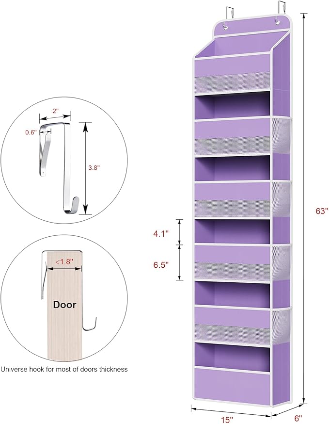 Univivi Over The Door Hanging Organizer with 6 Large Compartments and Mesh Windows, Over The Door Baby Clothes Organizer for Cosmetics, Baby Essentials and Diapers (Purple)