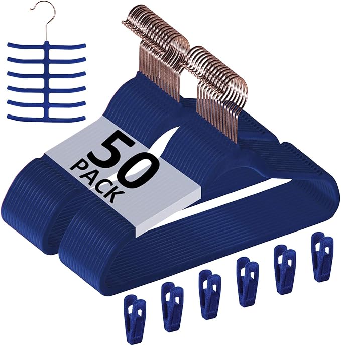 VECELO Premium Velvet Clothes Hangers Suit Heavy Duty (50 Pack)-Non Slip & Space-Saving with 6 Finger Clips & Tie Rack Excellent for Men and Women,Blue