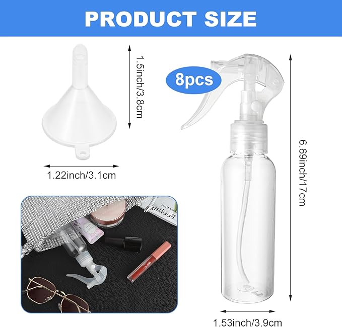 8Pcs Small Spray Bottles, No Leak And Clog Mister Spray Bottle, 3.5oz/100ml Empty Refillable Containers Reusable Liquid Container for Essential Oils Water Squirt