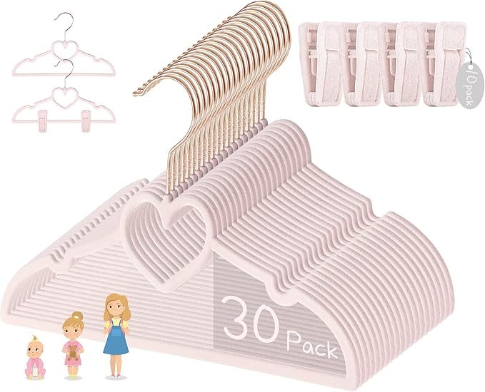 OneDream Pink Velvet Baby Hangers - 30 Pack 11inch Heart Toddler Hangers with 10pcs Clips, Non-Slip Strong and Durable Baby Clothes Hangers Without Slipping, Ultra Slim and Stackable Space Saving