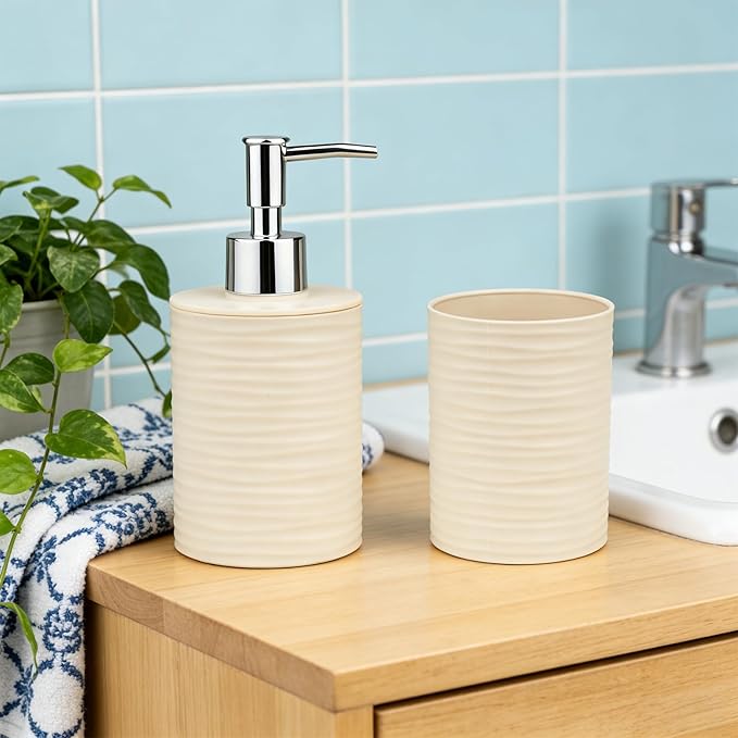Bathroom Accessories Set, 2-Piece Beige Soap Dispenser & Toothbrush Holder with Ripple Texture & Rust-Proof Pump, Modern Matte Organization