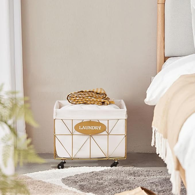 Mxfurhawa Laundry Hamper,Collapsible Laundry Basket Large Capacity Metal Laundry Hamper with Removable Liner, Rolling Wheels and Collapsible Design for Clothes Storage and Organization (110L GOLD)