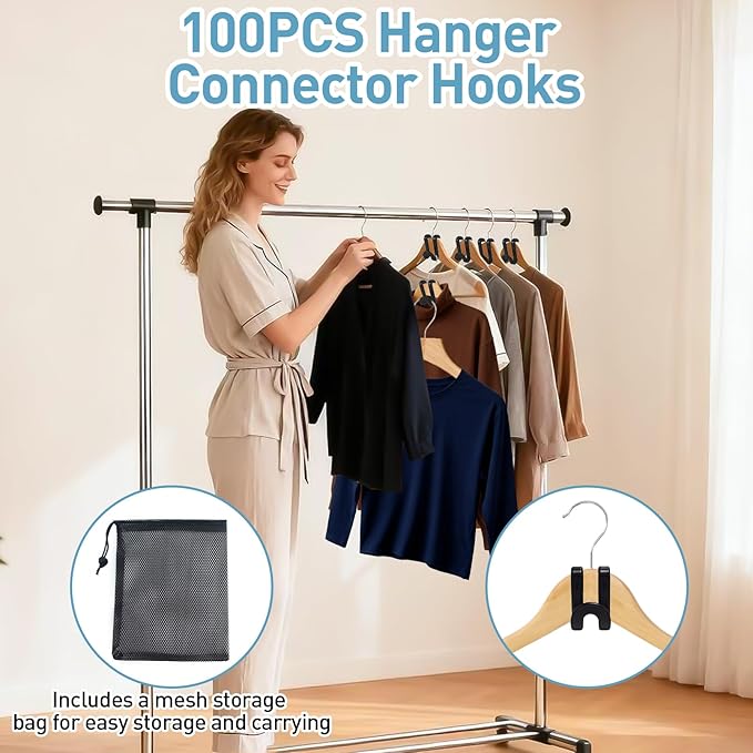 100 PCS Clothes Hanger Connector S Shaped Hooks,Plastic Reusable Space Saving Heavy Duty Hanger Extender Clips for Closet Organizer,Includes 1 Mesh Storage Bag(Black)