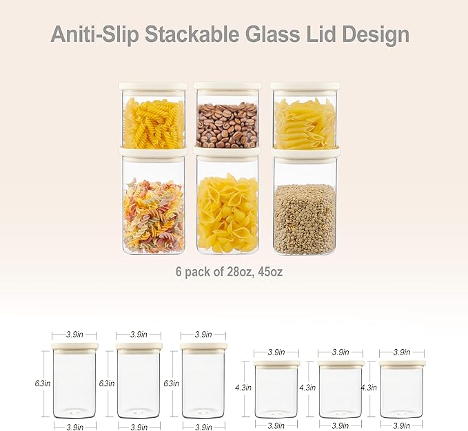 Urban Green Glass Food Storage Jar with Glass Lid in Square Shape, Food Canister Set with Airtight Lids, Pantry Jars for Kitchen Organization, Food Storage Containers in Set of 6