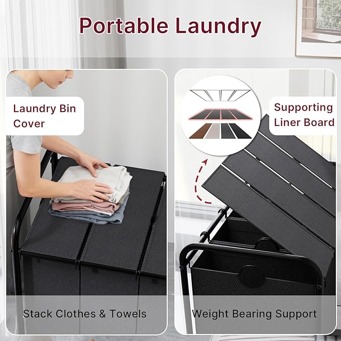 4-Compartment Laundry Cart with Lockable Wheels & Lid 180L Large Wheeled Laundry Basket Heavy-Duty Sorting Organizer for Laundry Room (Black)