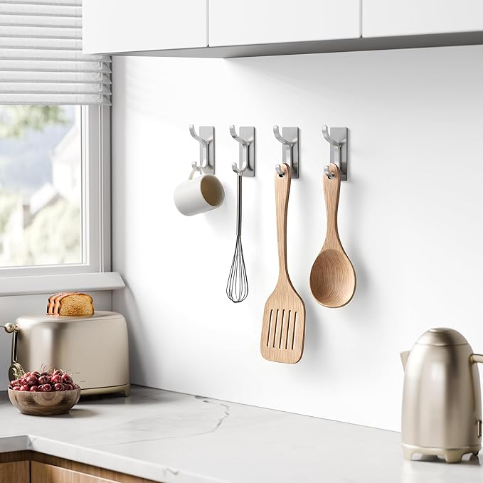 pickpiff Adhesive Wall Coat Hooks - Heavy Duty Stick-On Door Hanger, Metal Hook for Hanging Towel,Purse, Robe, Backpack, Jacket, Clothes - for Bathroom,Dorm, Closet, Kitchen - Brushed Silver, 10 Pack
