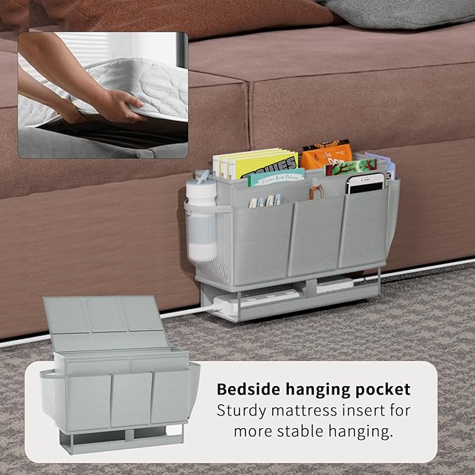 Bedside Caddy Bedside Organizer,Bed Caddy with 11 Pockets and Power Strip Holder,Versatile Bedside Storage Caddy for Home,Dorm,Bunk,Hospital,Crib Bed (Grey)