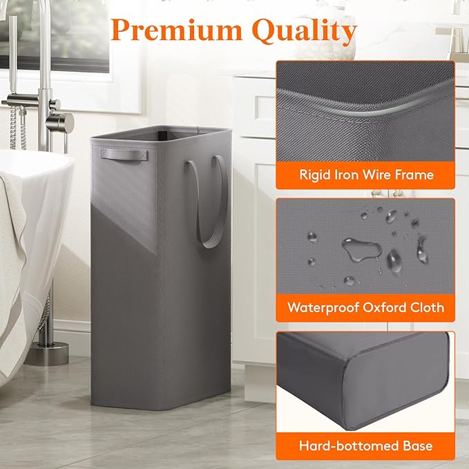 Lifewit 2 Pack Slim Laundry Hamper, Collapsible Narrow Laundry Basket, Small Tall Dirty Clothes Hampers with Handles for Bathroom Bedroom College Dorm, Grey, 65L