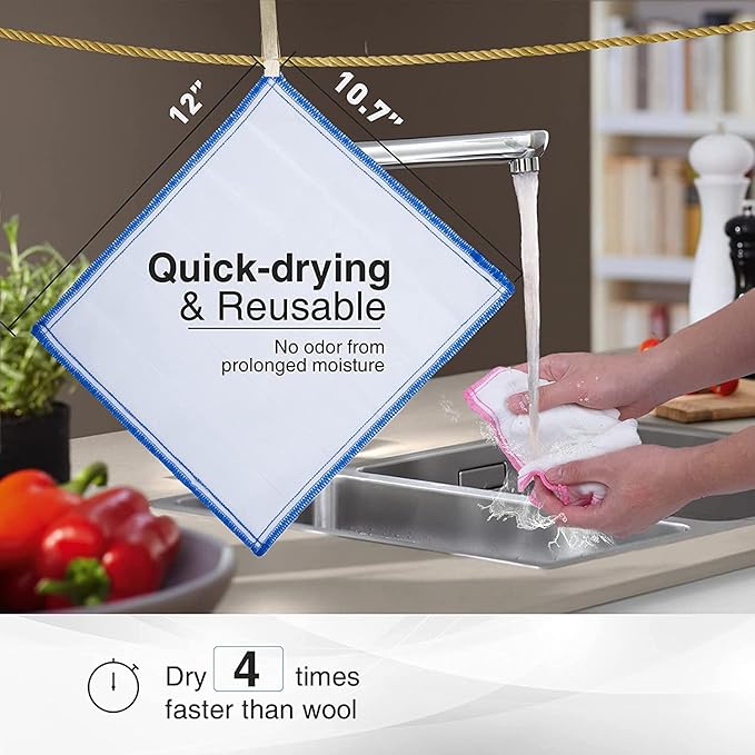 OnBrand Naturally Wood Fiber Cleaning Cloth, Microfiber Cleaning Cloths, 20 Pcs (12" x 10.7" Each), 8 Layers High-Density Super Absorbing Dish Cloths, Reusable General Kitchen Towel