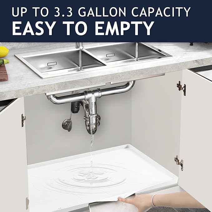 Premium Under Sink Mats for Kitchen Waterproof 34" x 22", Extra Thick Non-Slip Silicone Under Sink Liner Drip Tray, Raised Edge Under Sink Cabinet Mat,Prevent Drips, Leaks, Spills,White