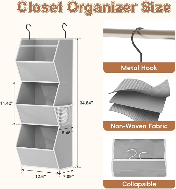 Hanging Closet Organizer 3 Shelf Collapsible Bedroom Closet Organizers and Storage Hanging with Mesh Pockets for Clothes, Fabric Hanging Storage Bins for Wardrobe Closet Organization and Storage, Grey