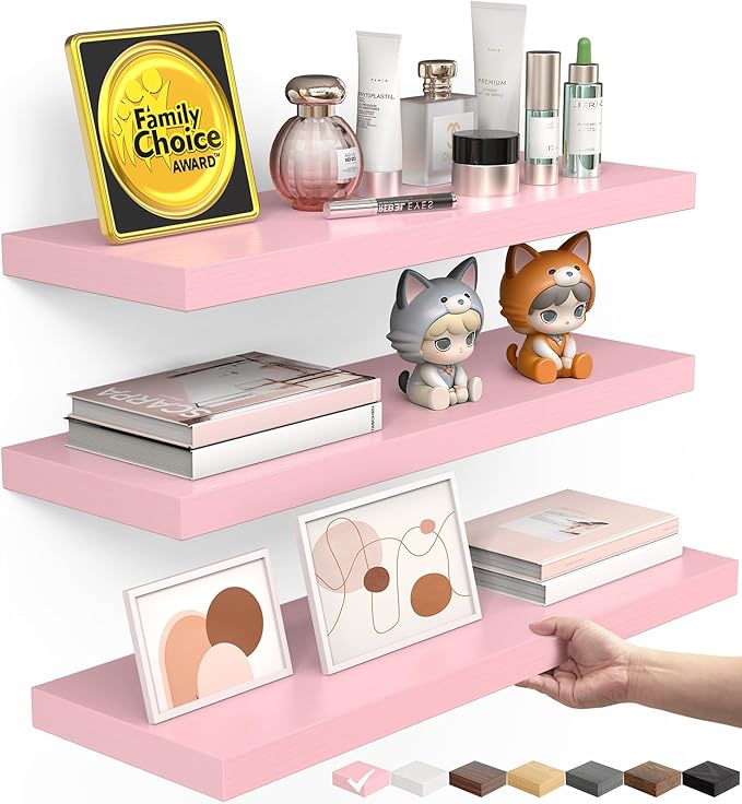 BAYKA Pink Floating Shelves for Wall – 15.7in Wood Wall Shelves for Bathroom, Bedroom, Living Room Decor Organize – Hanging Shelf for Books/Storage/Display with 22lbs Capacity(Set of 3)