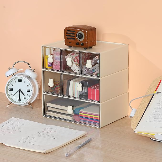 Desktop Storage Drawers, Plastic Desk Organizer with 6 Drawers, Modular Stackable Toolbox Units for Office Stationary, Makeup Container, Bathroom Countertop (3 Tiers, Cream & Clear)