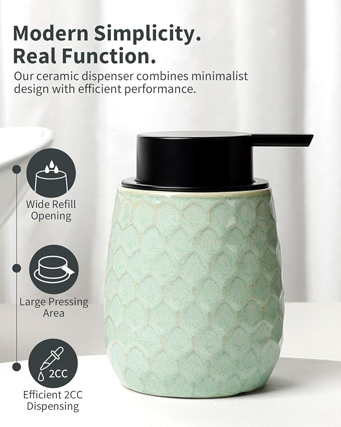Soap Dispenser, 12 OZ Ceramic Liquid Hand Soap Dispenser with Honeycomb Design for Kitchen or Bathroom, Refillable Dish Lotion Dispenser, Green, ANTIS'S HOME