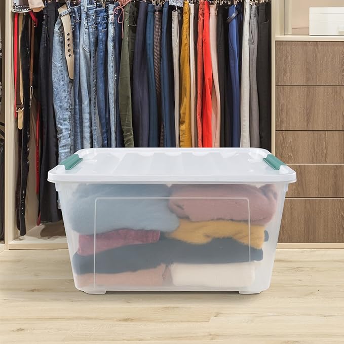 Zerdyne 80 L Extra Large Plastic Storage Box, Clear Large Plastic Storage Bins with Wheels, 4-Pack
