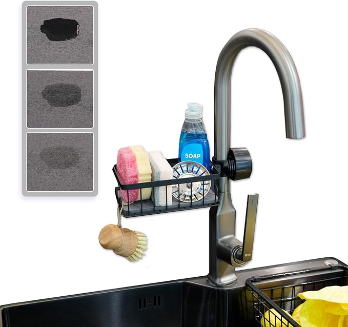 Sponge Holder for Kitchen Sink Sponge Holder Over Faucet - Stainless Steel Sink Caddy Organizer with Quick Stone Drying Mat (Black)