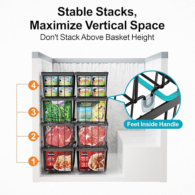 iSPECLE Freezer Organizer Bins - Fits 7 Cu.Ft Chest Freezer, 4 Pack Stackable Wire Baskets(14.7" Length), Heavy Duty Coated Deep Freezer Organizer, Rust Resistant for Frozen Food Sorting, Black