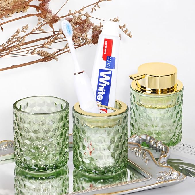 Bathroom Accessories Set, 3pcs Green Glass Bathroom Accessory Set, Toothbrush Holder, Foaming Soap Dispenser and Tumbler, Gold Bathroom Decor Sets for Organizer, Home Apartment Gift