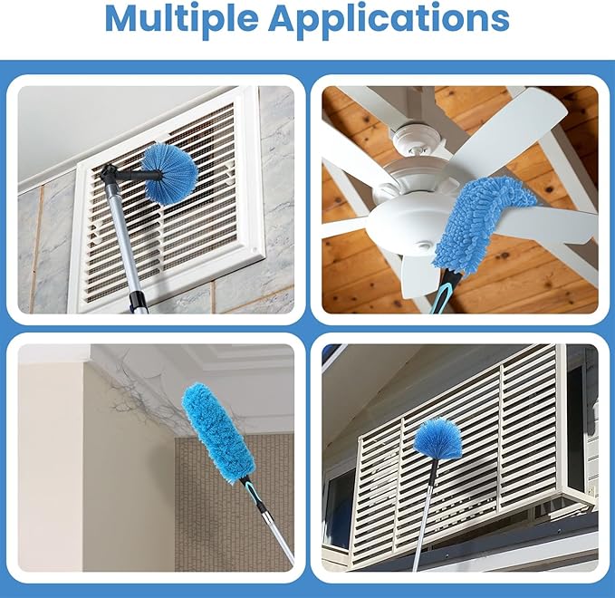 25ft High Ceiling Duster Kits with 5-18ft Heavy Duty Extension Pole - Fan Blade Cleaner, Cobweb Remover & Blue Window Squeegee Kit, Washable Dust Brush for High Roof and Glass Surfaces