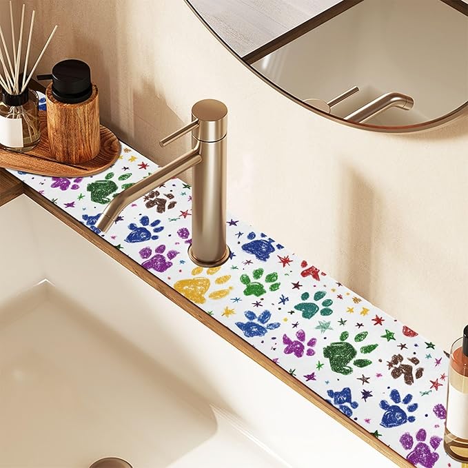 Kitchen Sink Splash Guard 1 PC 30 Inch Sink Faucet Mat Splash Guard for Bathroom Countertop Water Absorbent Foldable Cuttable Soft Washable Paw Prints and Stars