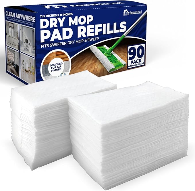 Iconikal Dry Mop Pad Refills (90-Pack) | Fits Swiffer Dry Sweeping Cloths for Dirt, Dust, Hair | Use for Swiffer Pads Refill | Unscented, Disposable Mop Pads for Sweeping, Mopping, Dusting, 11.5" x 8"