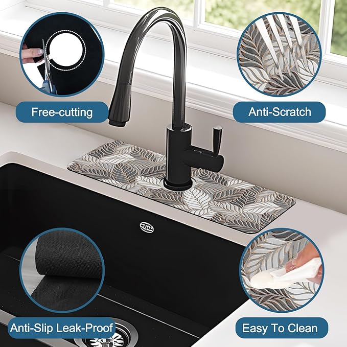 Embossed Leaf Texture Sink Splash Guard Grey Leaf Faucet Absorbing Mat Fast Drying Mat Sink Gadgets Splash Guard Behind Faucet Drip Catcher for Kitchen Bathroom, 15.5"x5.5"