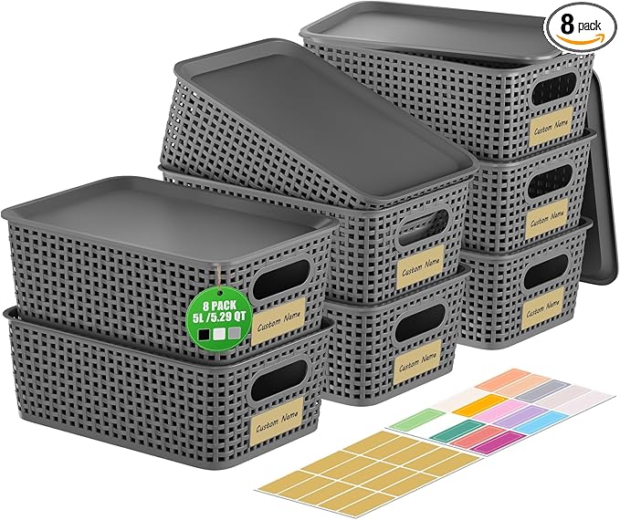 8 PCS Plastic Storage Baskets with Lids, Stackable Storage Bins with Lids & Labels for Organizing, Small Storage Bins for shelves, Office, Drawer, Cabinet & Pantry,Nursery Organization,10.2*7.2*4.1In
