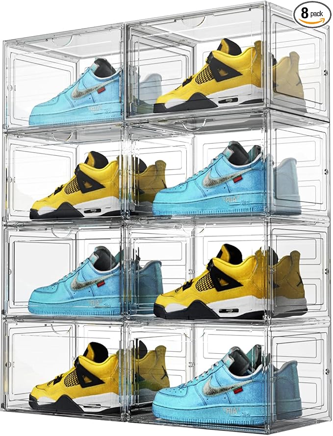 OMOPIN XL Shoe Storage Box,8 Pack Drop Side Shoe Boxes Clear Plastic Stackable,Sneaker Display Case with Magnetic Door Fit up to US 13（13.4”x 10.6”x 8.3”(8 Pack Clear)