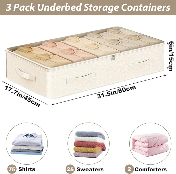 QTLCOHD 3 Pack Under Bed Storage Containers, 31.5 x 17.7 x 6 Inch Large Collapsible Beige Under Bed Drawer Storage Organizer with Handle and Lid for Clothes, Fabric, Blanket, Shoes, Sheet