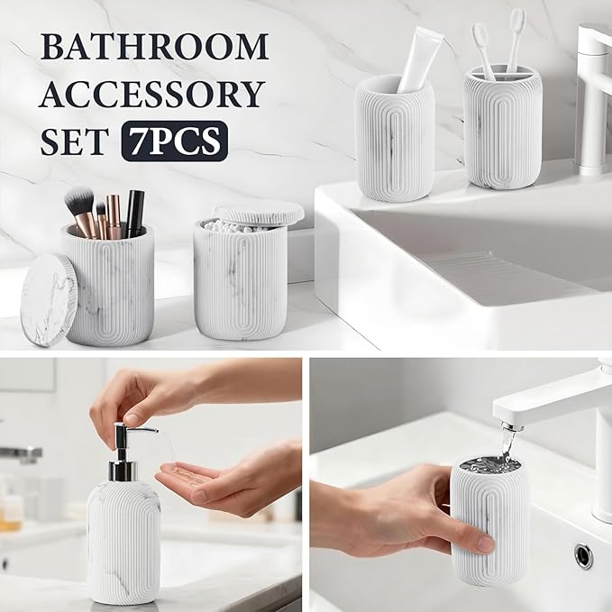 Bathroom Accessories Set - 7-Piece Resin Bathroom Set, Toothbrush Holders Set, Soap Dispenser, Qtip Holder Dispenser, Tumbler, Soap Dish & Tray, Modern Bath Decor for Home Dorm Hotel (Marble White)