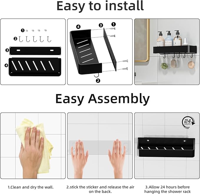Adhesive Shower Caddy,Rustproof Shower Shelve with Large Capacity,Quick-Dry Metal Bathroom Shelves with 5 Hooks, 2 Pack Drill-Free Durable Shower Organizers and Storage, Black